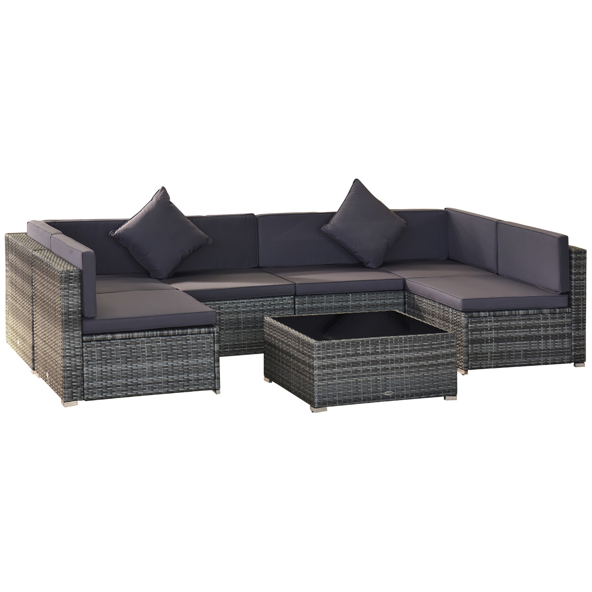7 Piece Wicker Patio Furniture For Backyard Outdoor Sectional Sofa With Cushions Tempered Glass Coffee Table Pillows Gray