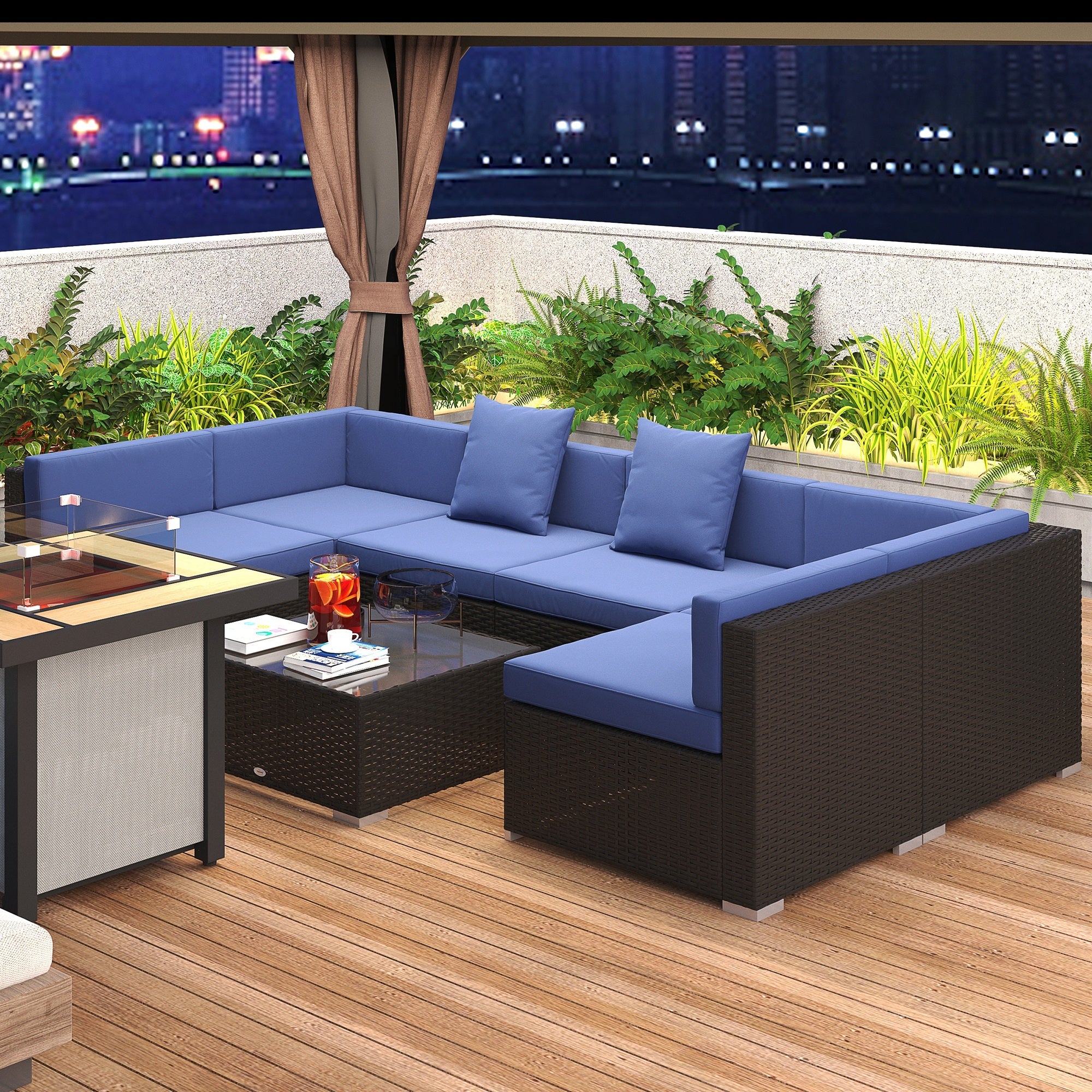 7-Piece Rattan Couch, Outdoor Patio Furniture Set, With Removable Cushions And Ottoman, Glass Coffee Table- Dark Coffee Blue