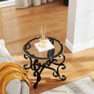3 Piece Tempered Glass Surface Coffee Table Set, Decor Coffee Table Round End Side Table With Sturdy Construction For Living Room Rustic Black