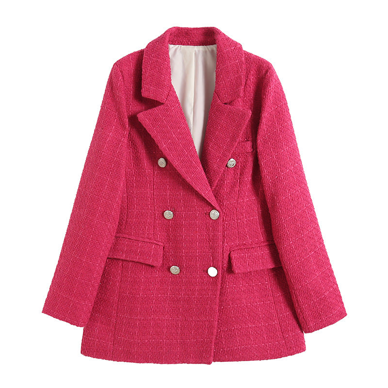 Womens 4-Color Textured Double-Breasted Midi Blazer
