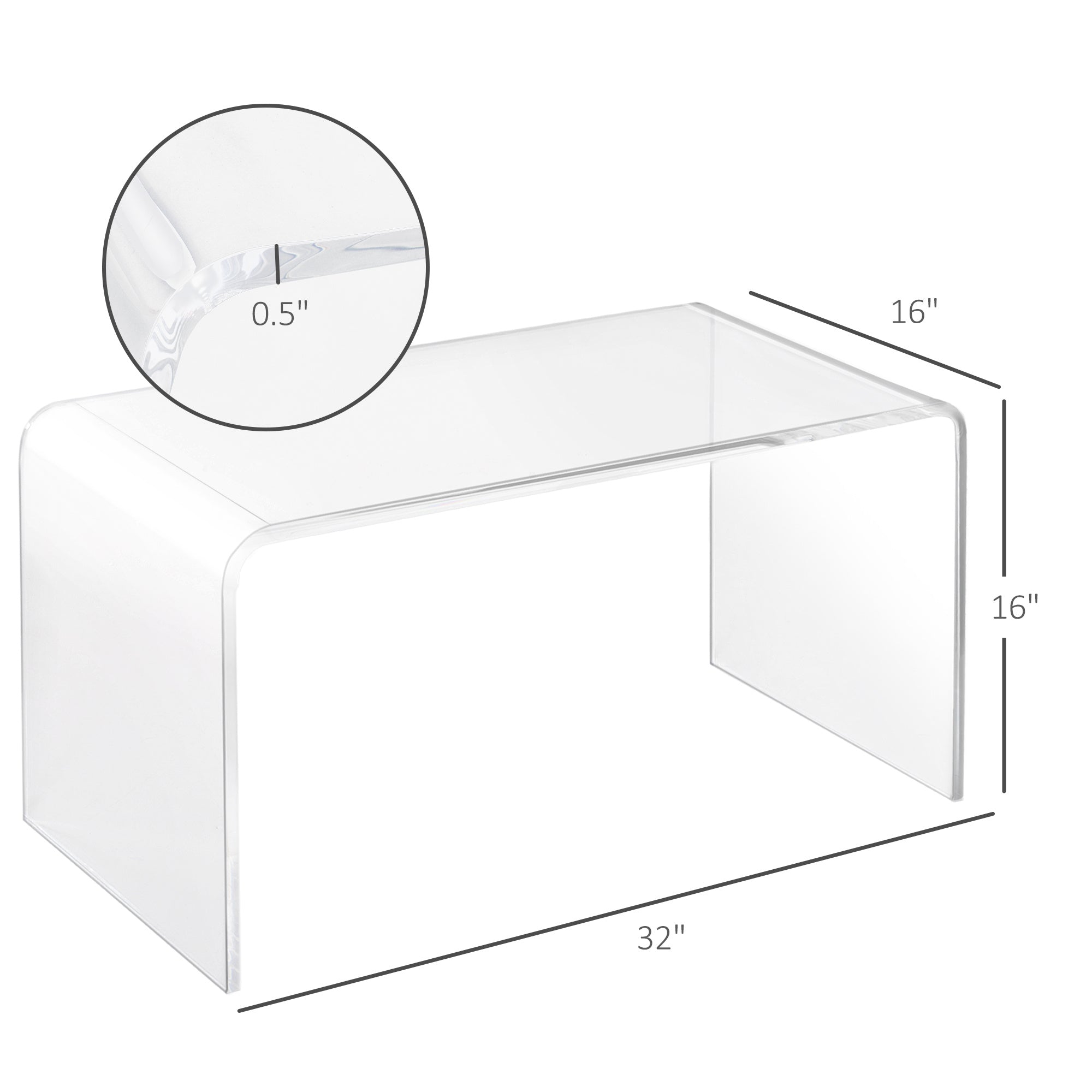 32  Clear Acrylic Coffee Table, 0.5In Thick C-Shape Waterfall End Coffee Table, Multipurpose Lucite Tea Table For Living Room