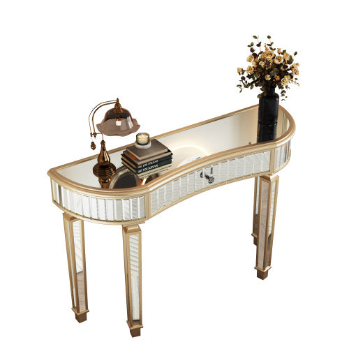 47 Half  Moon Mirrored Console Table With Fluted Glass  Crystal Knob Drawer  Silver Entryway Vanity Desk For BedroomDressing RoomGold Sliver