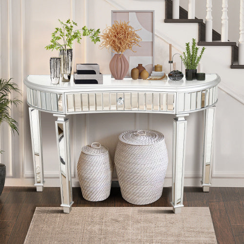 47 Half  Moon Mirrored Console Table With Fluted Glass  Crystal Knob Drawer  Silver Entryway Vanity Desk For BedroomDressing RoomGold Sliver
