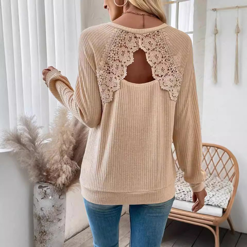 Back Stitching Lace Lace Cutout Raglan Sleeve Long Sleeve Top