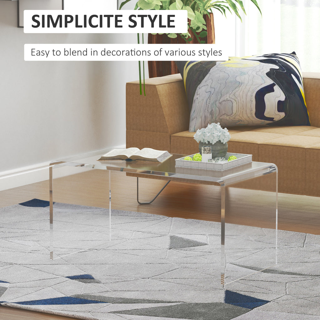 32  Clear Acrylic Coffee Table, 0.5In Thick C-Shape Waterfall End Coffee Table, Multipurpose Lucite Tea Table For Living Room