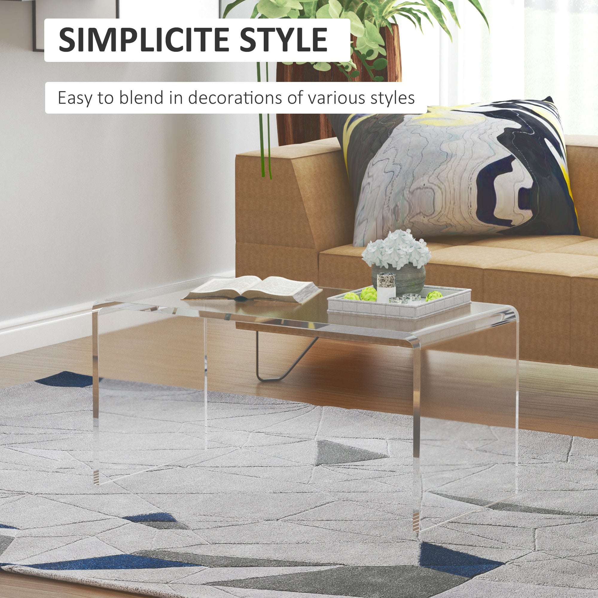 32  Clear Acrylic Coffee Table, 0.5In Thick C-Shape Waterfall End Coffee Table, Multipurpose Lucite Tea Table For Living Room