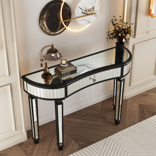 47 Half  Moon Mirrored Console Table With Fluted Glass  Crystal Knob Drawer  Silver Entryway Vanity Desk For BedroomDressing RoomGold Sliver