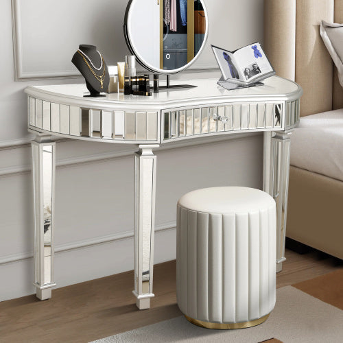 47 Half  Moon Mirrored Console Table With Fluted Glass  Crystal Knob Drawer  Silver Entryway Vanity Desk For BedroomDressing RoomGold Sliver