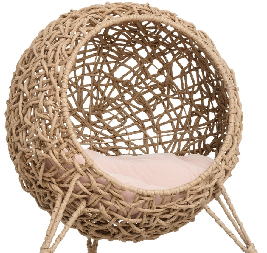 20.5 Weaved Cat Bed Hand-Woven Braided Banana Leaf Kitten House Condo With Cushion Natural