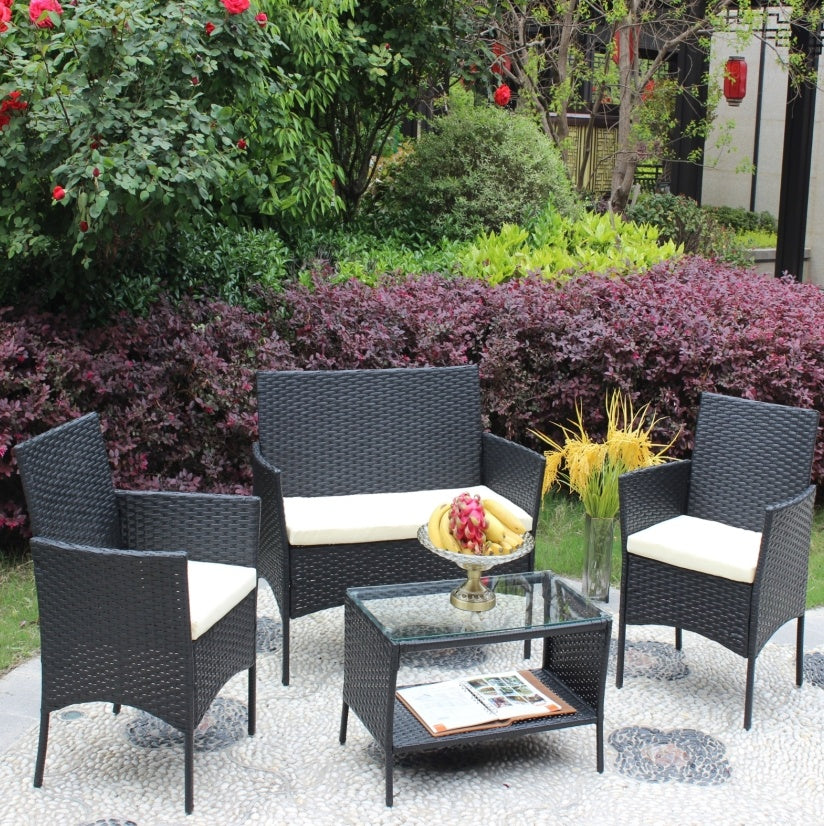 4PC Rattan Patio Set Outdoor Cushioned Wicker Sofa - Beige