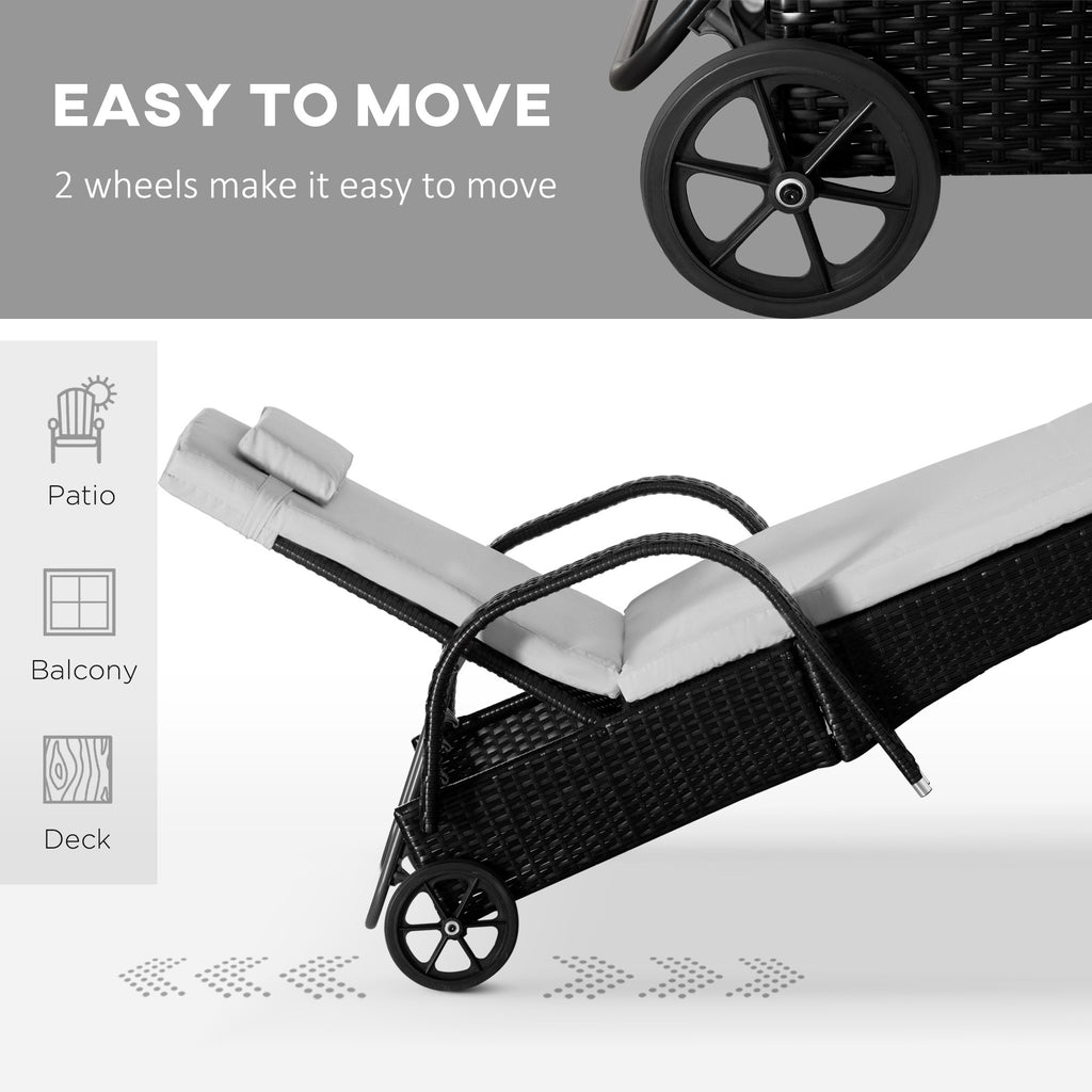 3 Piece Wicker Lounge Chair Set Outdoor Loungers With Armrests Cushion  Headrest  Side Table  Wheel  Black