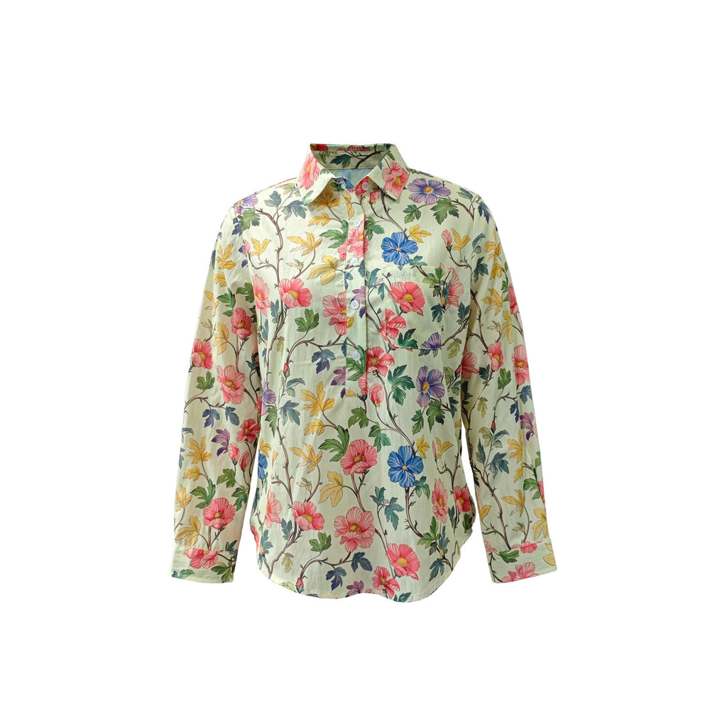 New Casual Printed Floral Button Polo Collar Top Shirt For Women