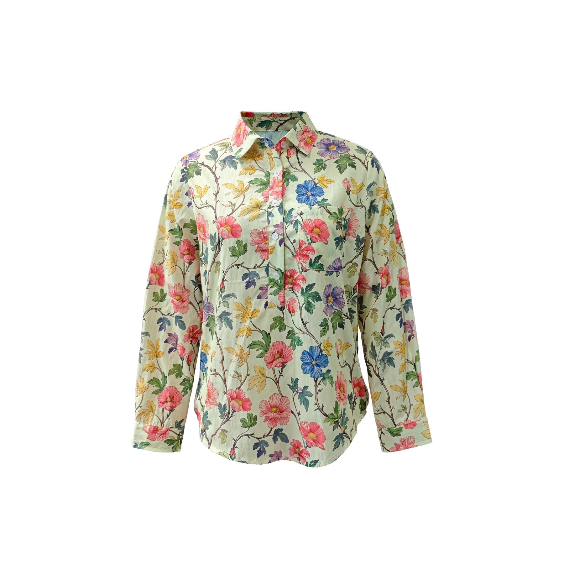New Casual Printed Floral Button Polo Collar Top Shirt For Women