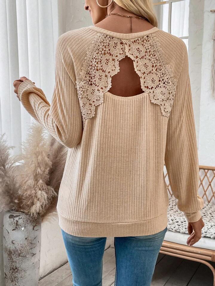 Back Stitching Lace Lace Cutout Raglan Sleeve Long Sleeve Top