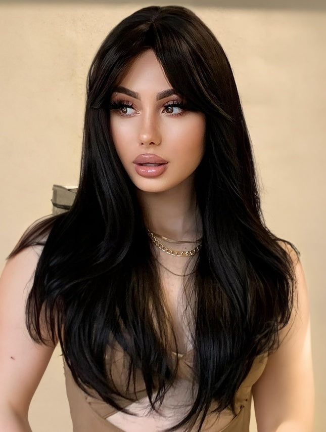 18inch Natural Black Wig With Bangs Long Wavy Curly Glueless Fringe Unit Heat Resistant Synthetic Middle Part Full Machine Made No Lace Scalp Wig Costume Cosplay Hair Replacement Wig Girls Daily Use