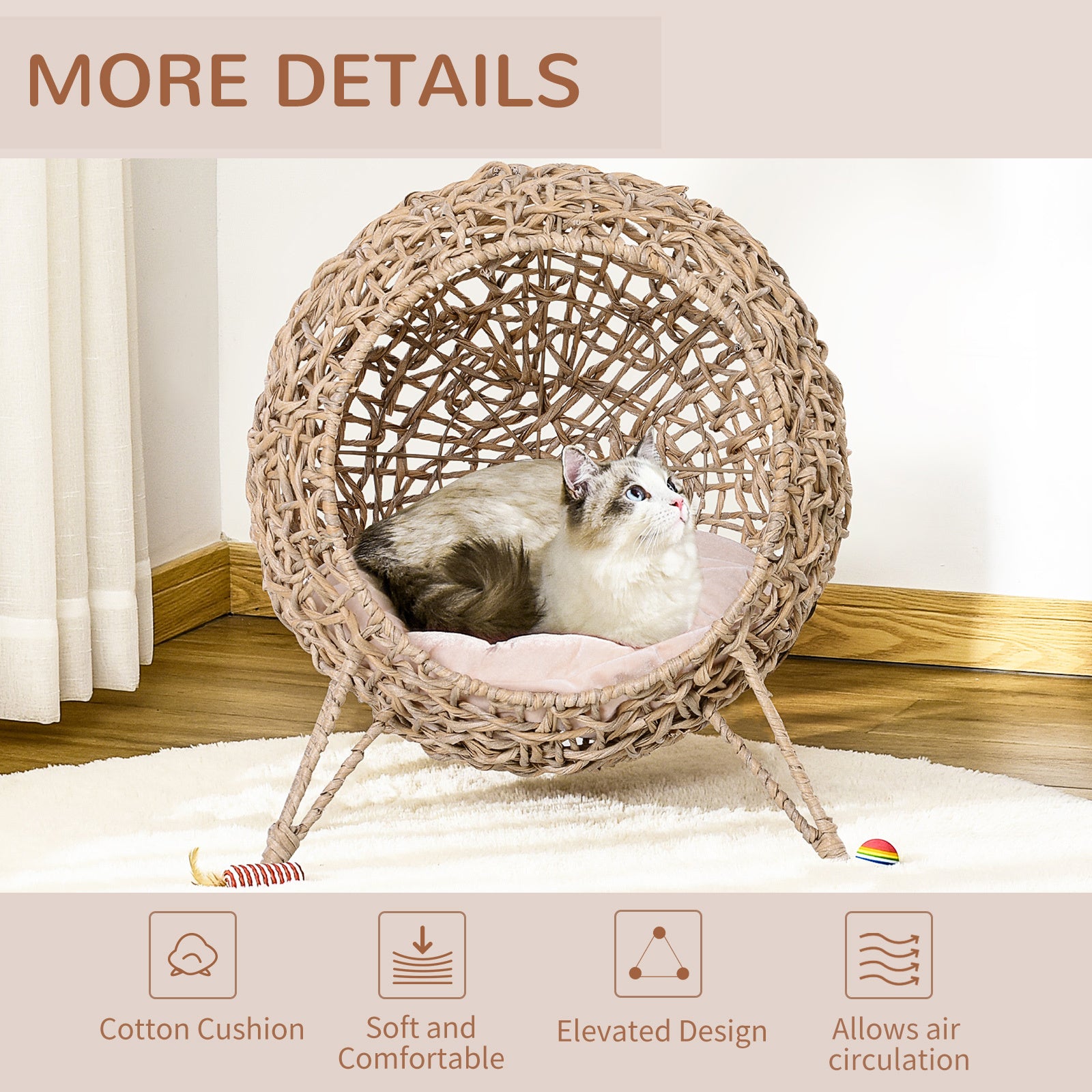 20.5 Weaved Cat Bed Hand-Woven Braided Banana Leaf Kitten House Condo With Cushion Natural
