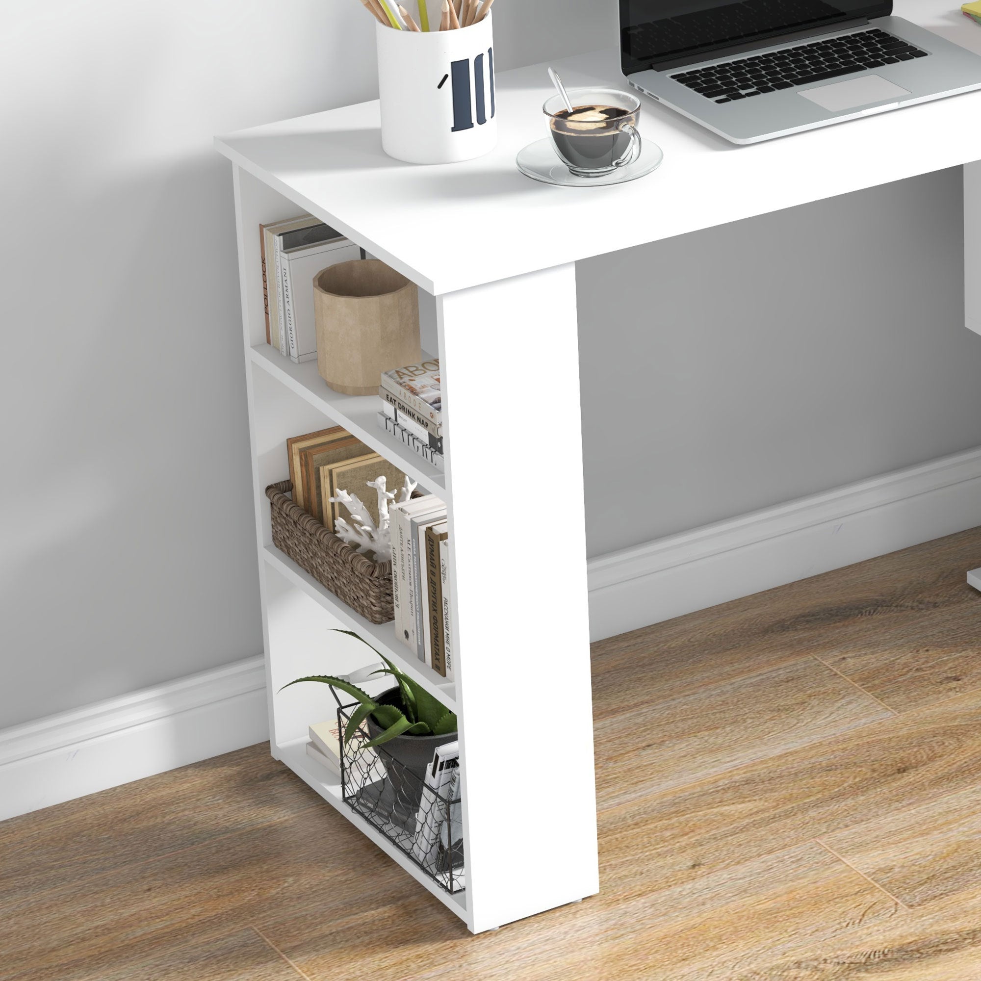 360  Rotating Home Office Desk L Shaped Corner Computer Desk With Storage Shelves, Writing Table Workstation, White