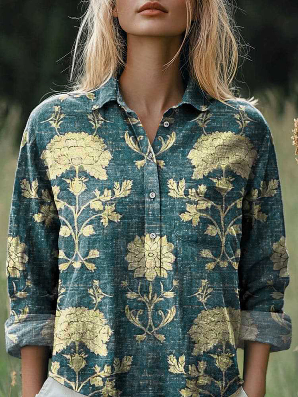 New Casual Printed Floral Button Polo Collar Top Shirt For Women