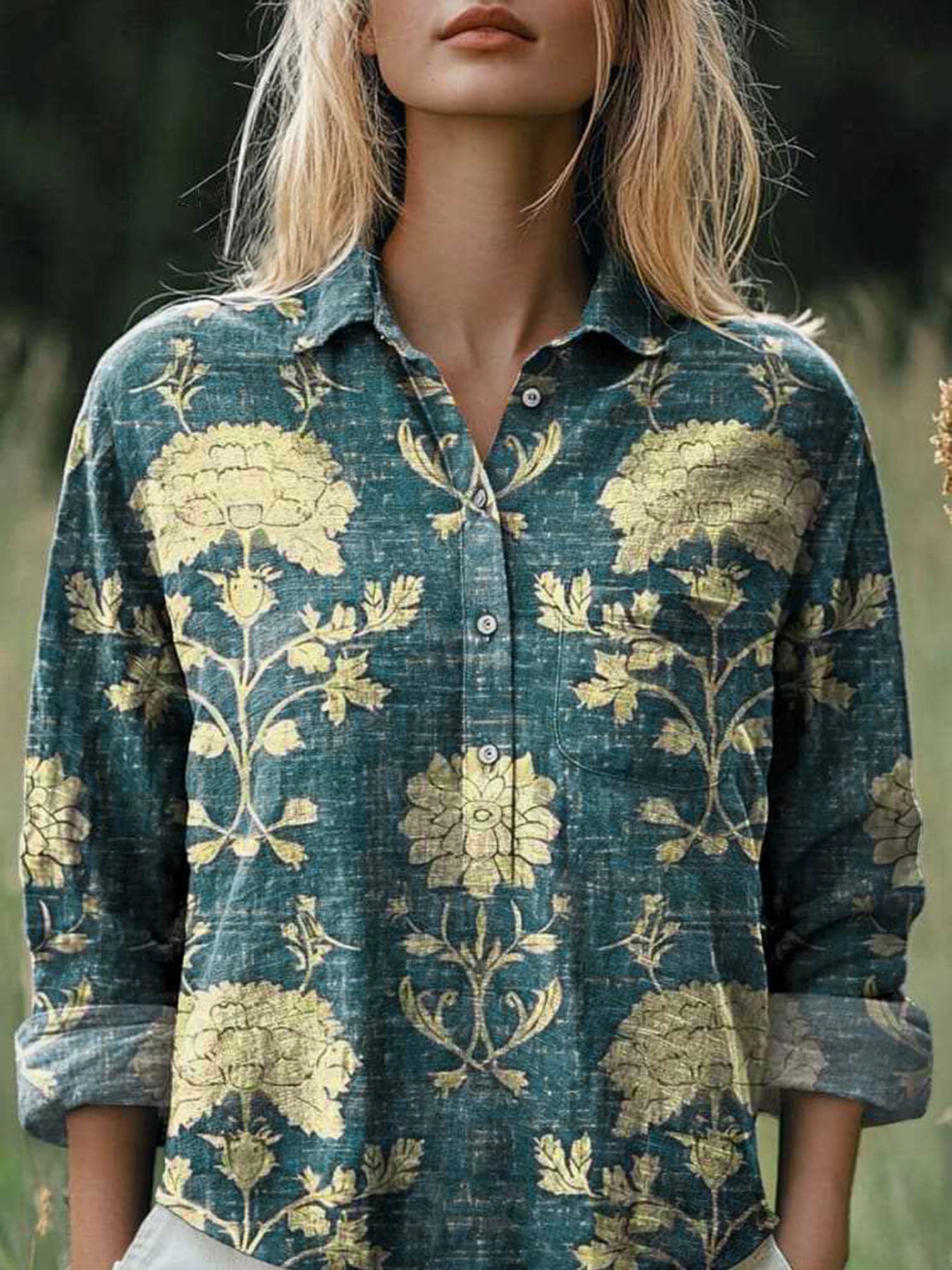 New Casual Printed Floral Button Polo Collar Top Shirt For Women