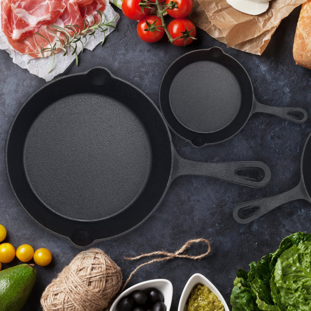 3Pcs Pre-Seasoned Cast Iron Skillet Set 6in 8in 10in Non-Stick Oven Safe Cookware Heat-Resistant Frying Pan For Frying Cooking Baking