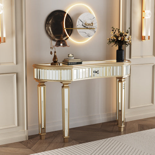 47 Half  Moon Mirrored Console Table With Fluted Glass  Crystal Knob Drawer  Silver Entryway Vanity Desk For BedroomDressing RoomGold Sliver