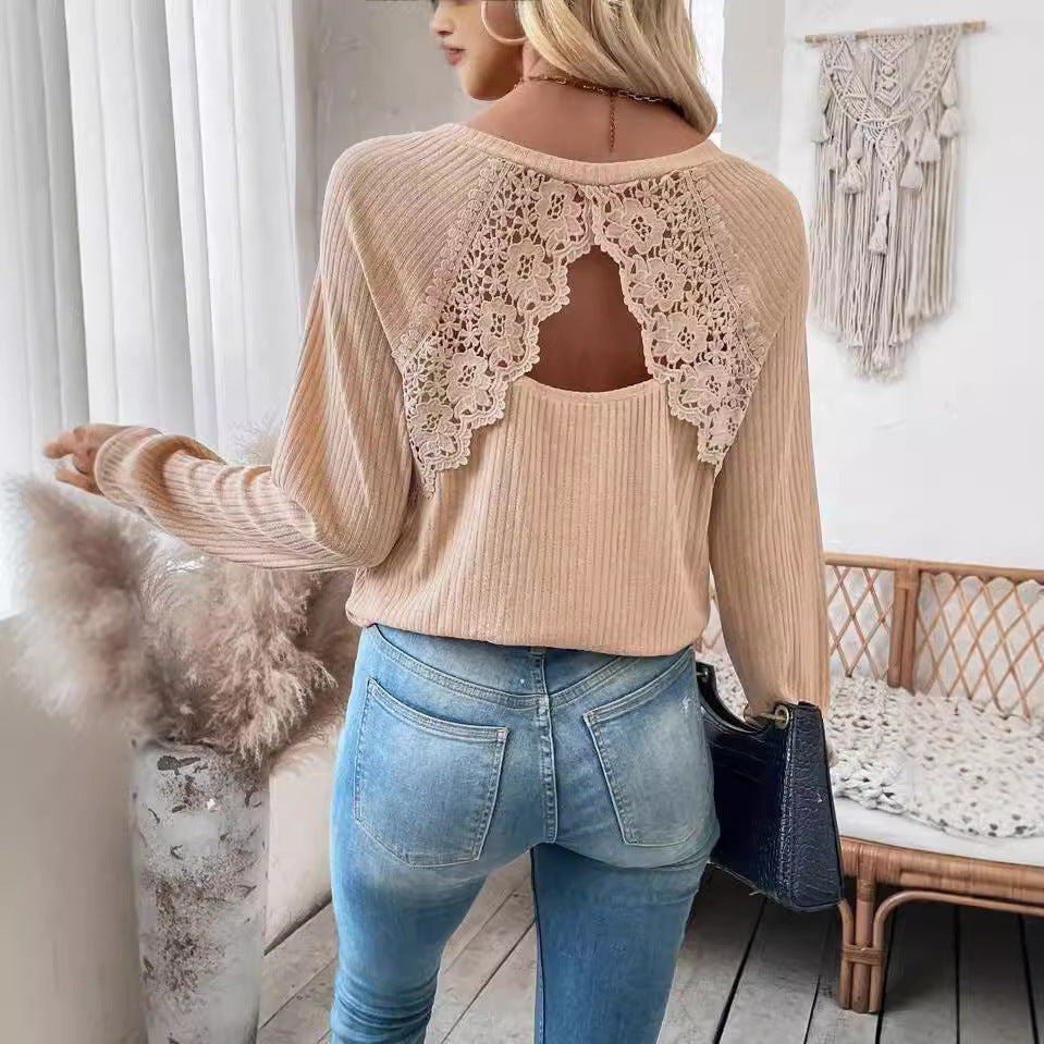 Back Stitching Lace Lace Cutout Raglan Sleeve Long Sleeve Top