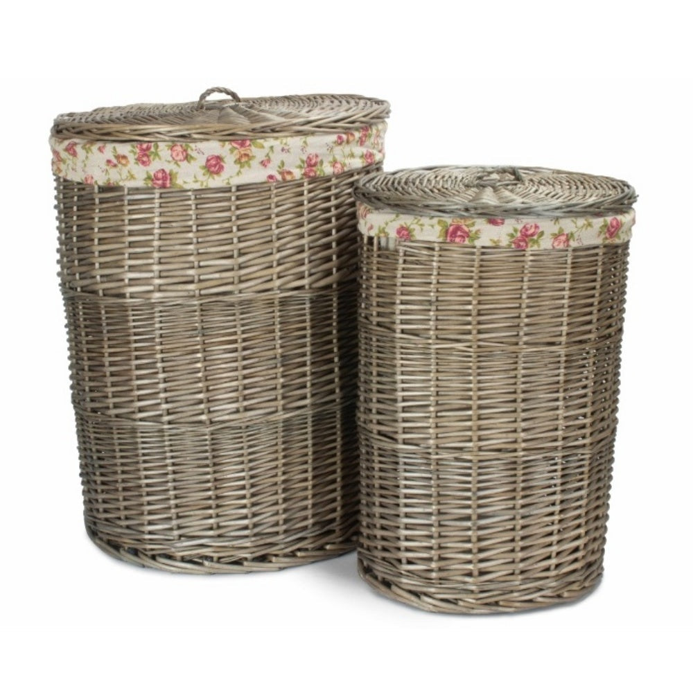 Antique Wash Round Garden Rose Cotton Lined Laundry Basket-0
