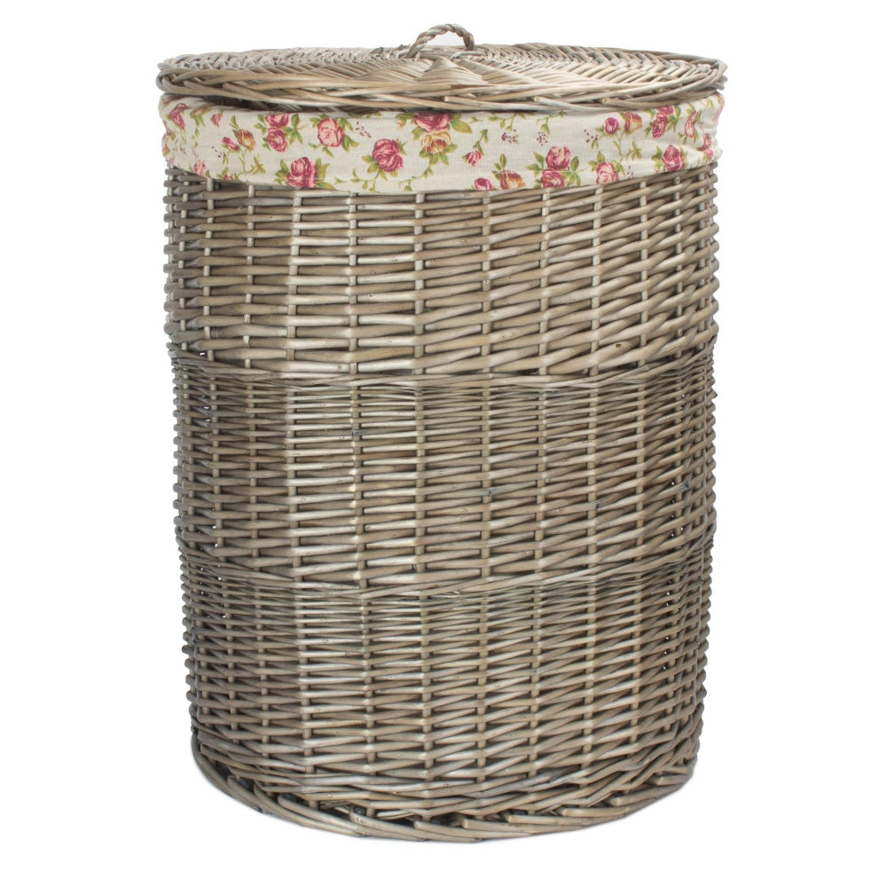 Antique Wash Round Garden Rose Cotton Lined Laundry Basket-2