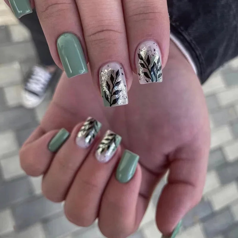 24Pcs Cute Green Square Press On Nails-14
