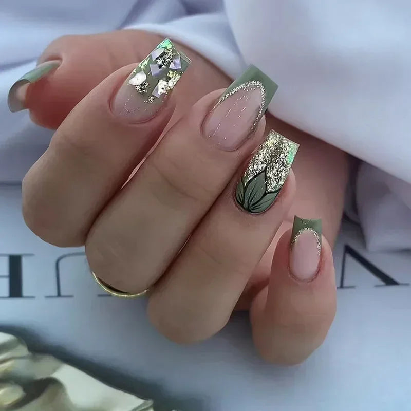 24Pcs Cute Green Square Press On Nails-13