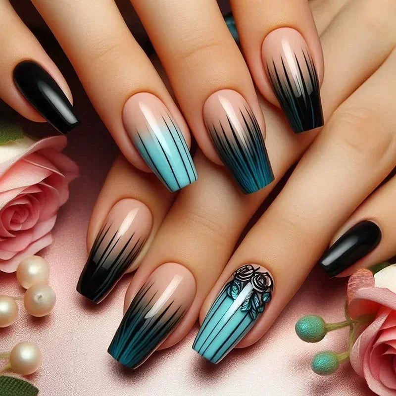 24Pcs Cute Green Square Press On Nails-15