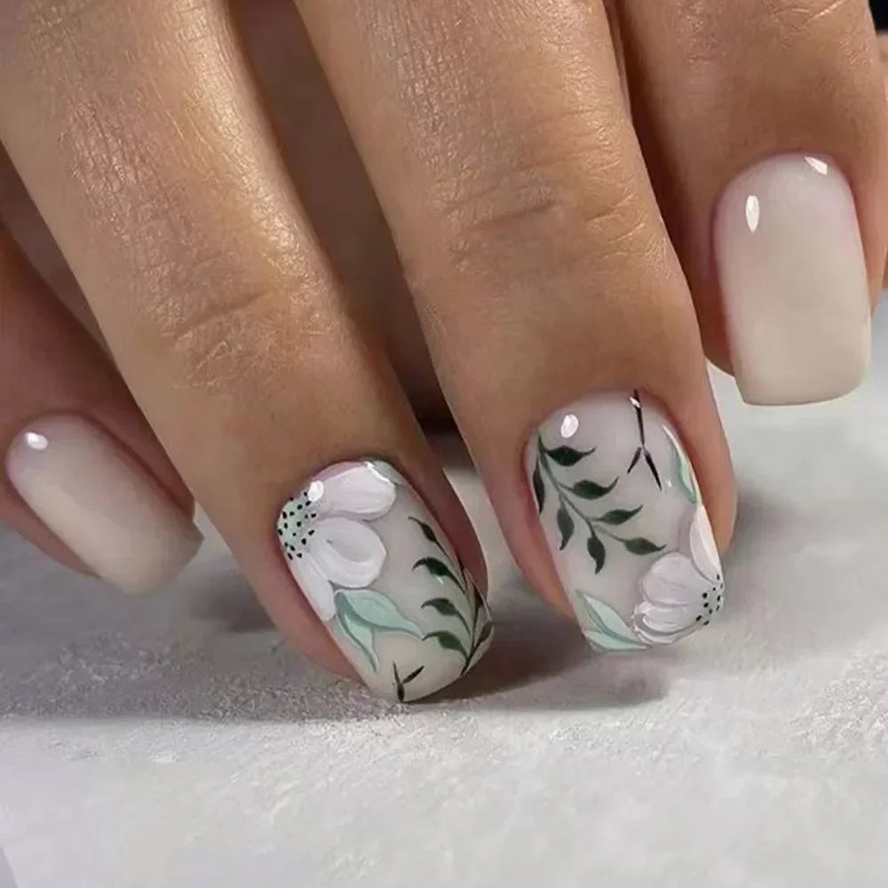 24Pcs Cute Green Square Press On Nails-2