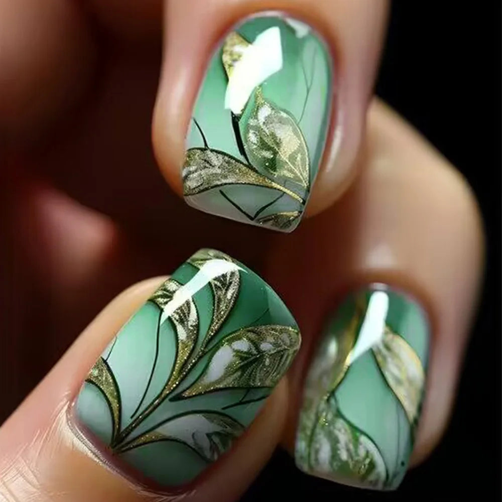 24Pcs Cute Green Square Press On Nails-6
