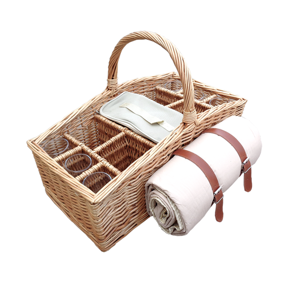 4 Bottle Wicker Drinks Basket with Glasses and Blanket-0