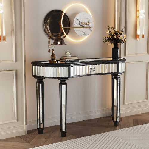 47 Half  Moon Mirrored Console Table With Fluted Glass  Crystal Knob Drawer  Silver Entryway Vanity Desk For BedroomDressing RoomGold Sliver