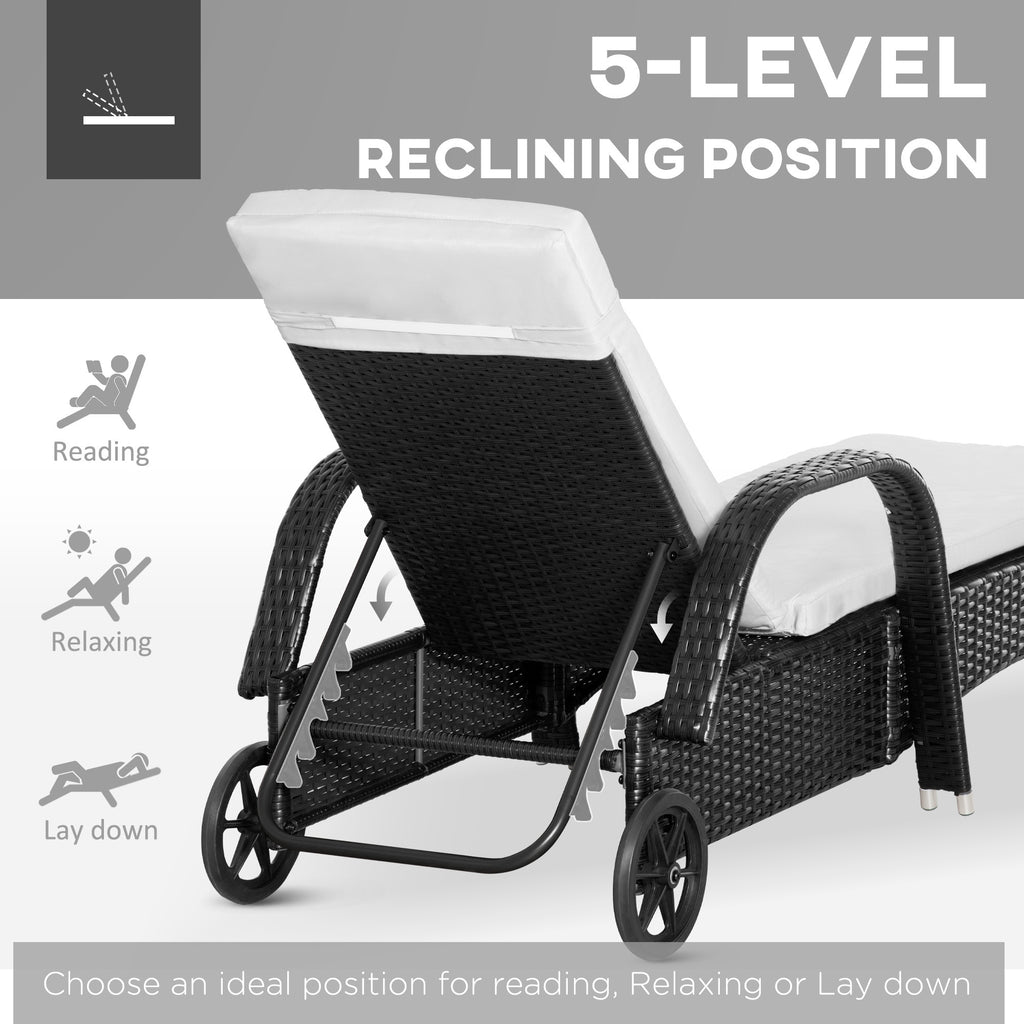 3 Piece Wicker Lounge Chair Set Outdoor Loungers With Armrests Cushion  Headrest  Side Table  Wheel  Black