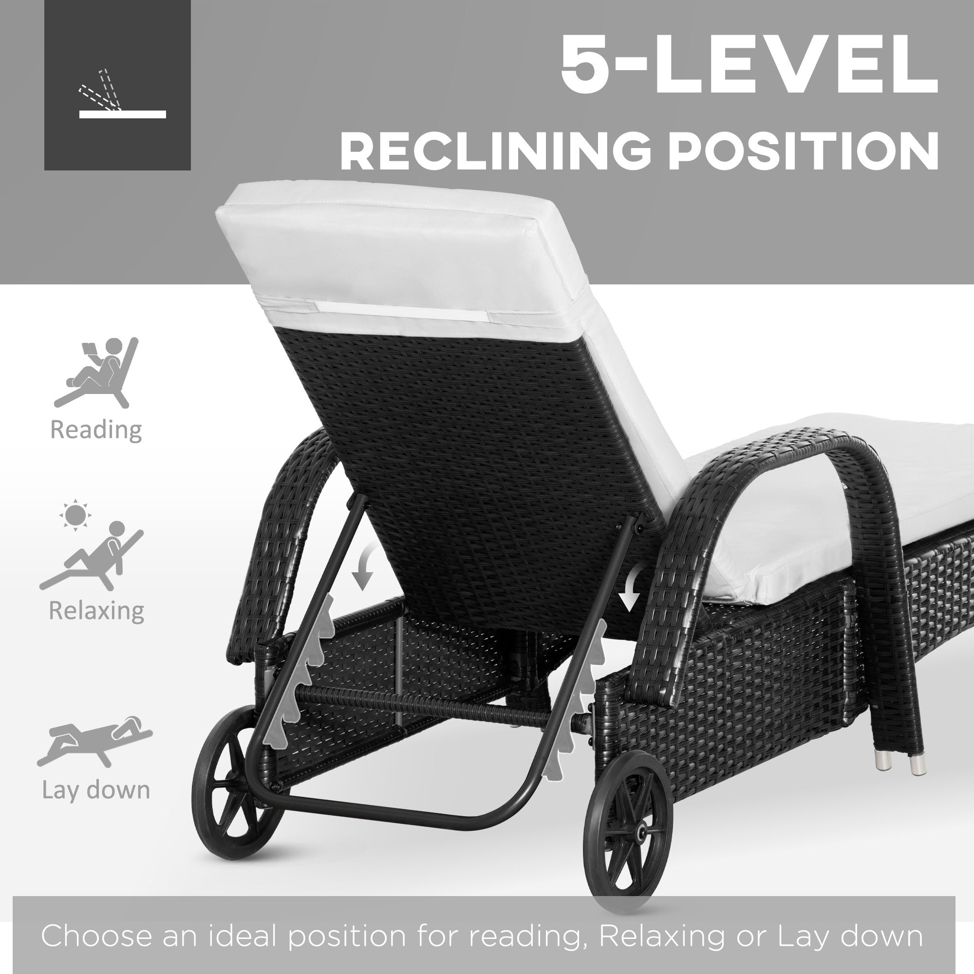 3 Piece Wicker Lounge Chair Set Outdoor Loungers With Armrests Cushion  Headrest  Side Table  Wheel  Black