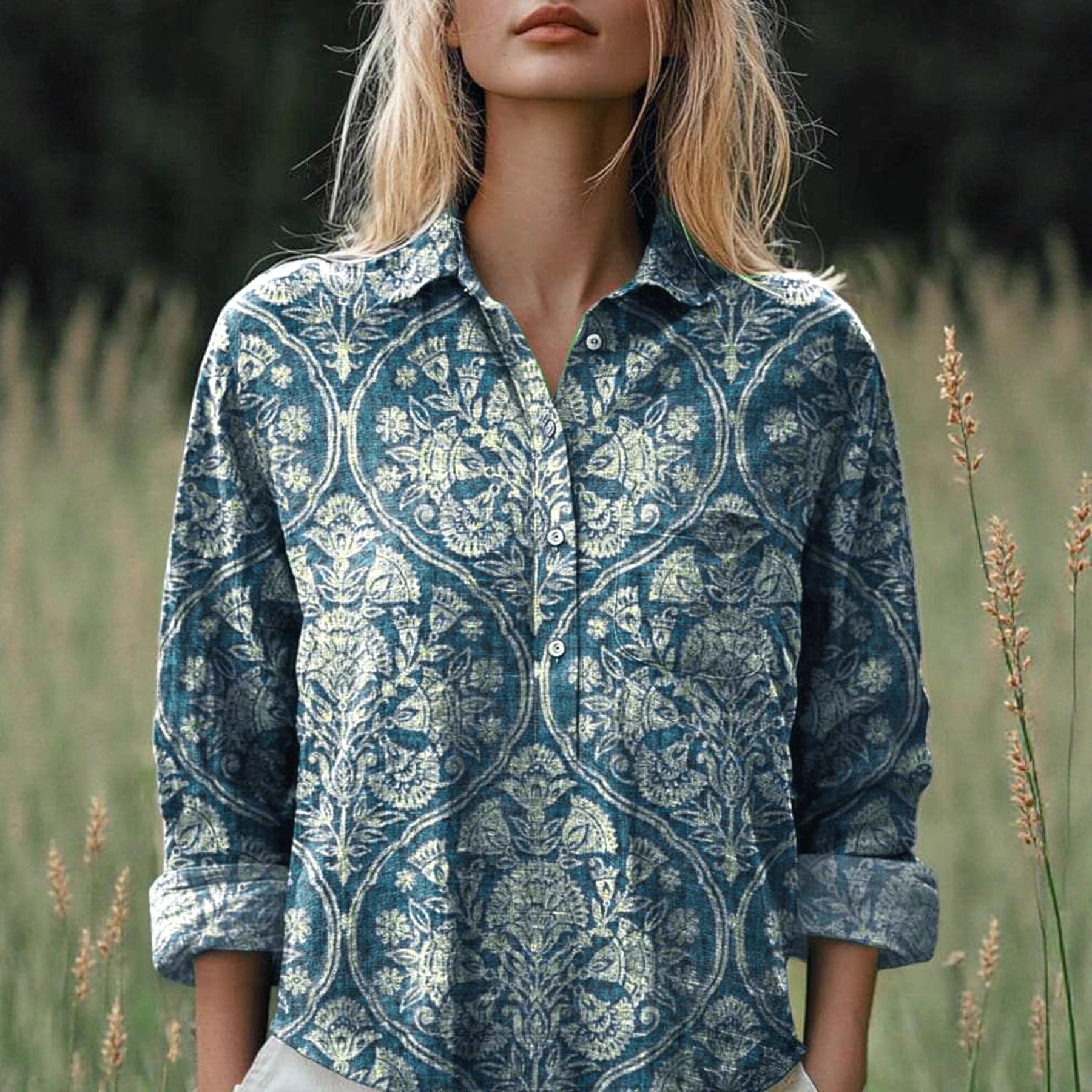 New Casual Printed Floral Button Polo Collar Top Shirt For Women
