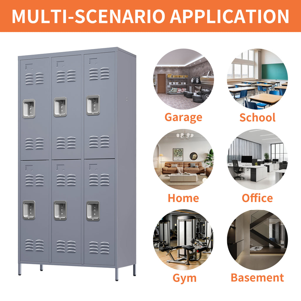 6 Door Metal Lockers With Lock For Employees,Storage Locker Cabinet  For Home Gym Office School Garage,Gray