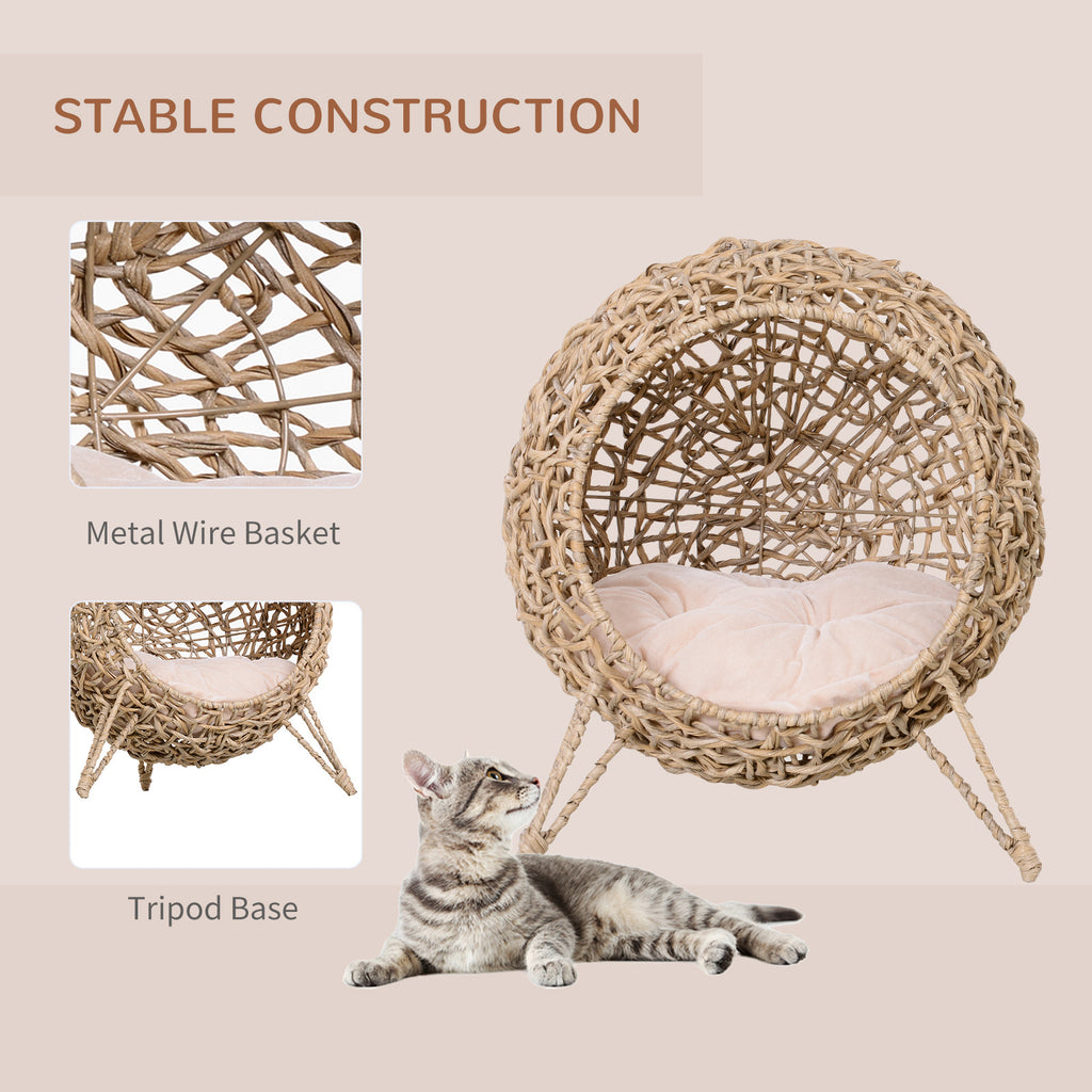 20.5 Weaved Cat Bed Hand-Woven Braided Banana Leaf Kitten House Condo With Cushion Natural