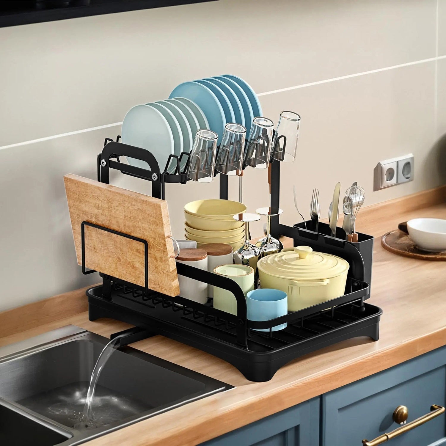 1Pc  2-Tier Dish Drying Rack For Kitchen Counter Space Saving Rustproof Dish Rack With Drainboard Detachable Kitchen Drainer Organizer Set With Utensil Holder Bowl Rack Dish Rack Chopping Board Rack