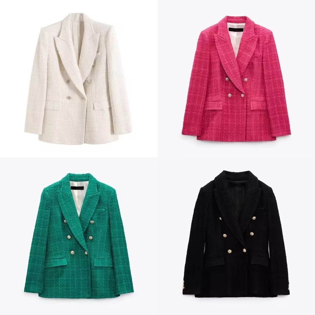 Womens 4-Color Textured Double-Breasted Midi Blazer