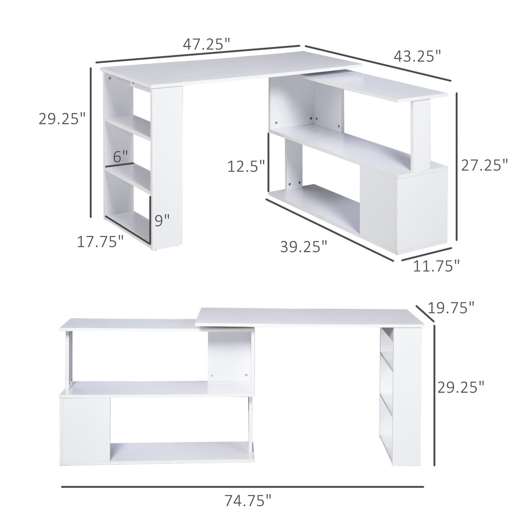 360  Rotating Home Office Desk L Shaped Corner Computer Desk With Storage Shelves, Writing Table Workstation, White