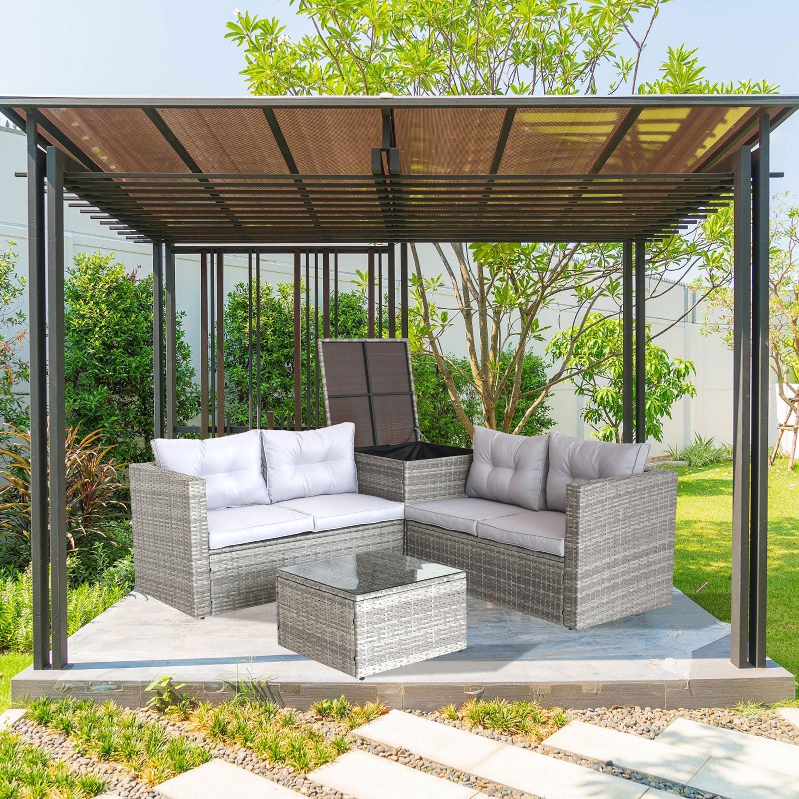 4Pc Patio Sectional Wicker Rattan Sofa Set W  Storage Box Grey