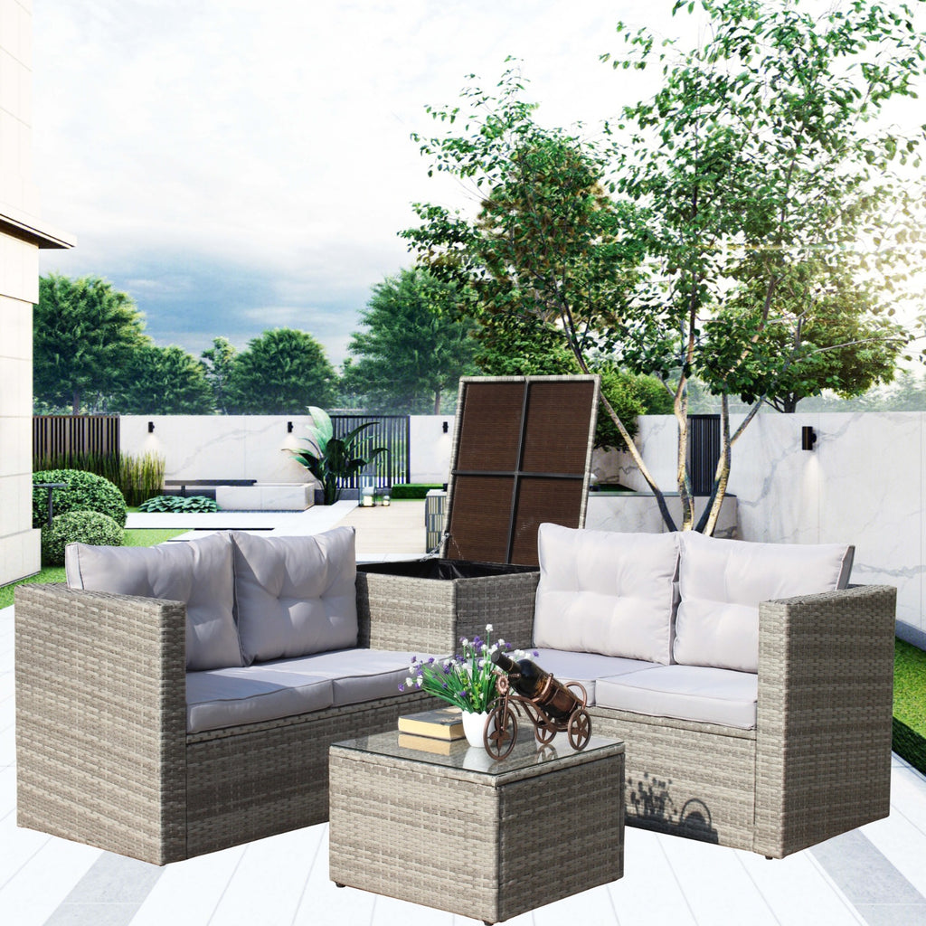4Pc Patio Sectional Wicker Rattan Sofa Set W  Storage Box Grey