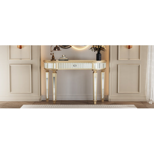 47 Half  Moon Mirrored Console Table With Fluted Glass  Crystal Knob Drawer  Silver Entryway Vanity Desk For BedroomDressing RoomGold Sliver