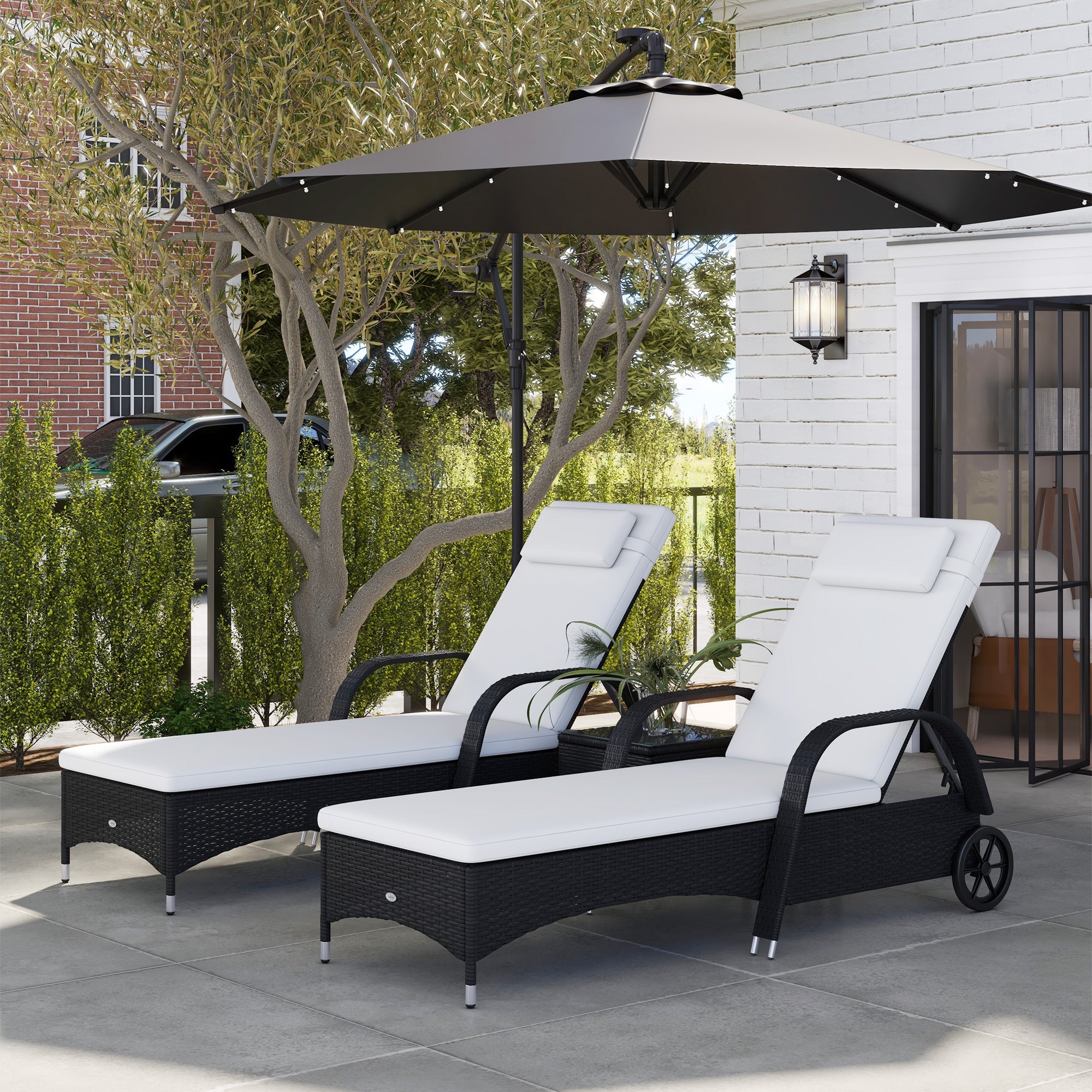 3 Piece Wicker Lounge Chair Set Outdoor Loungers With Armrests Cushion  Headrest  Side Table  Wheel  Black