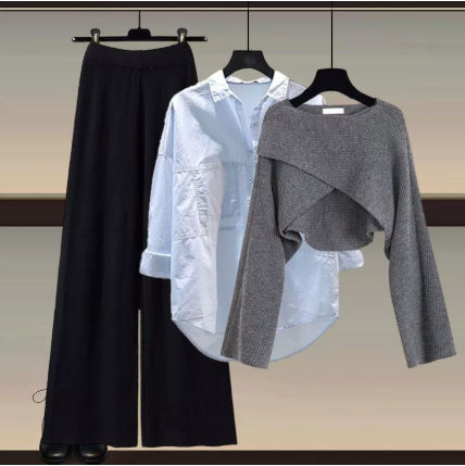 Knitted Sweater Shirt Wide Leg Pants Three-piece Set Autumn And Winter Suit Women