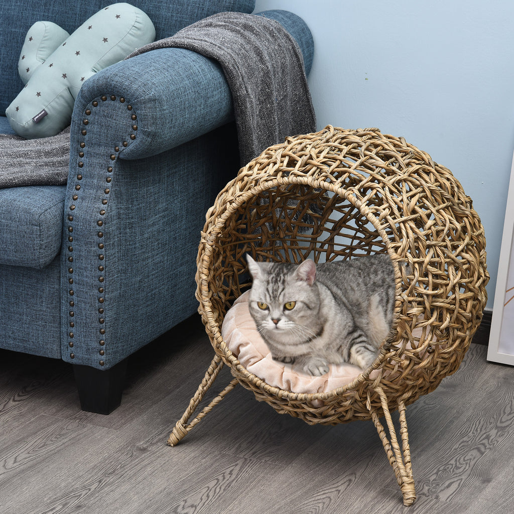 20.5 Weaved Cat Bed Hand-Woven Braided Banana Leaf Kitten House Condo With Cushion Natural