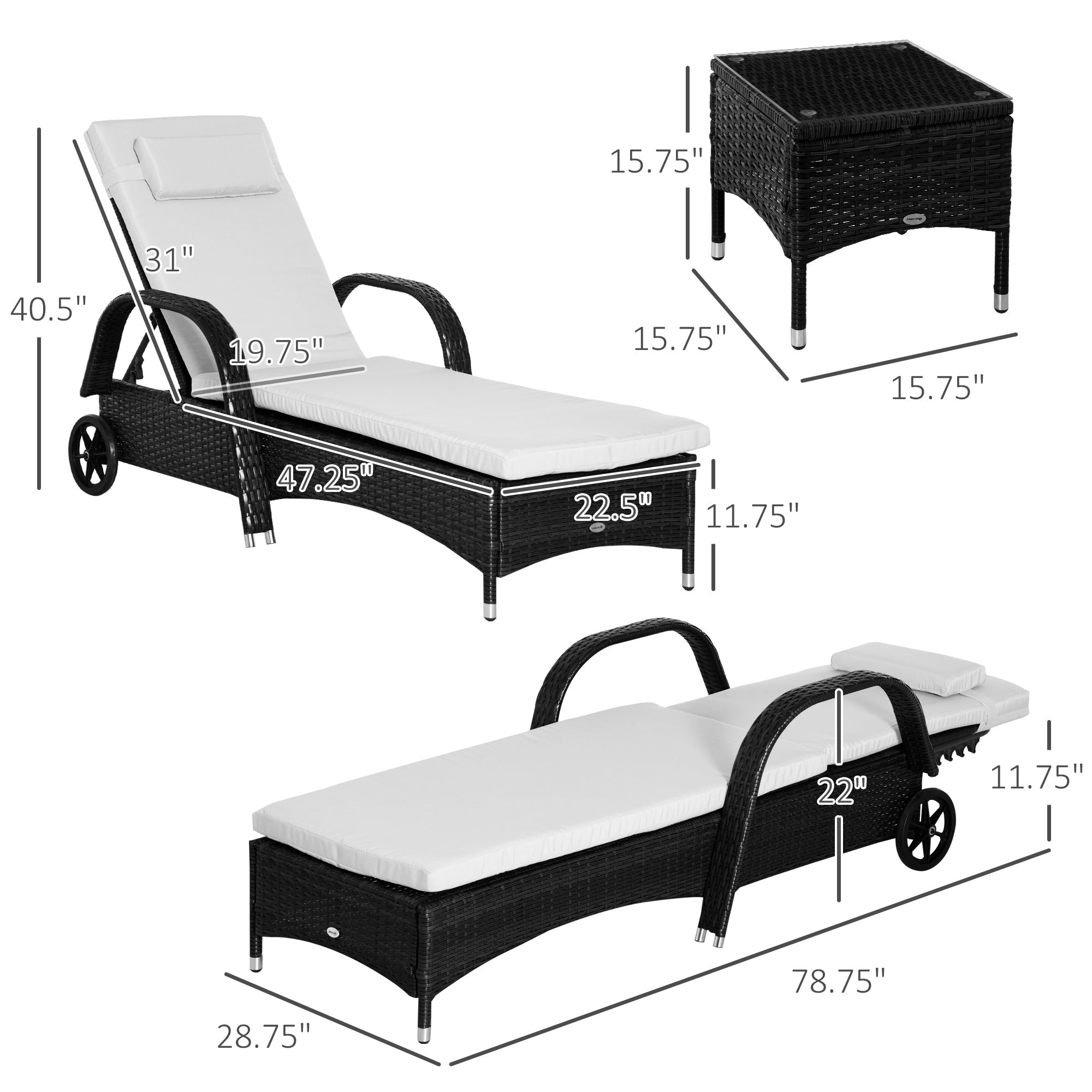3 Piece Wicker Lounge Chair Set Outdoor Loungers With Armrests Cushion  Headrest  Side Table  Wheel  Black
